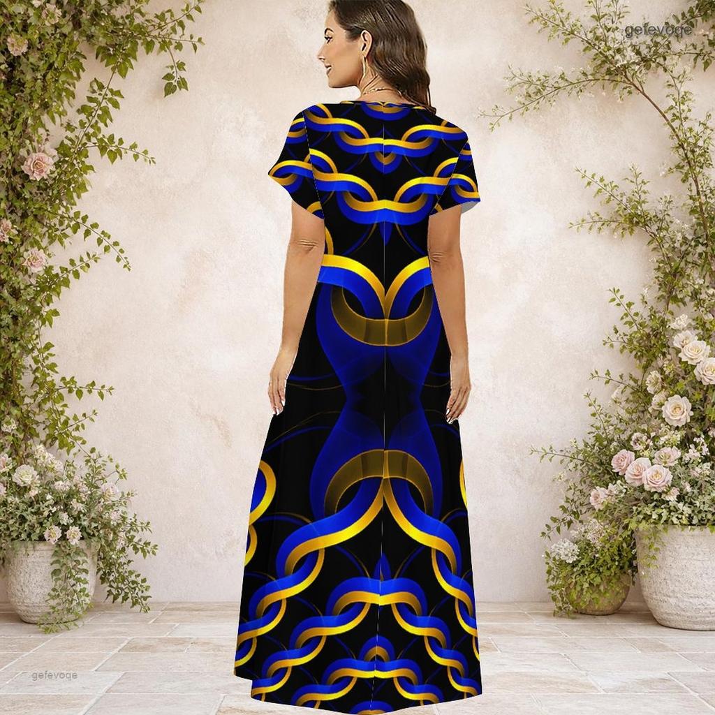 Women Plus Size V Neck Short Sleeve Black White Printed Straight Maxi Dress
