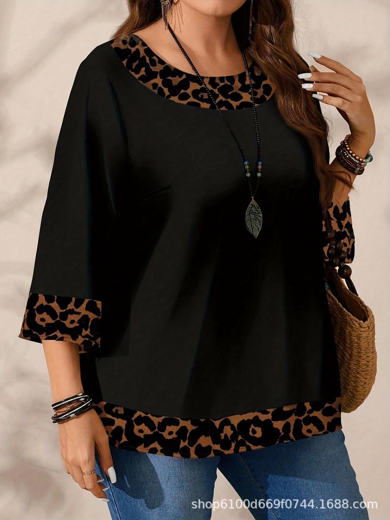 Plus Size Women's Leopard Print Patchwork T-shirt for Spring & Autumn