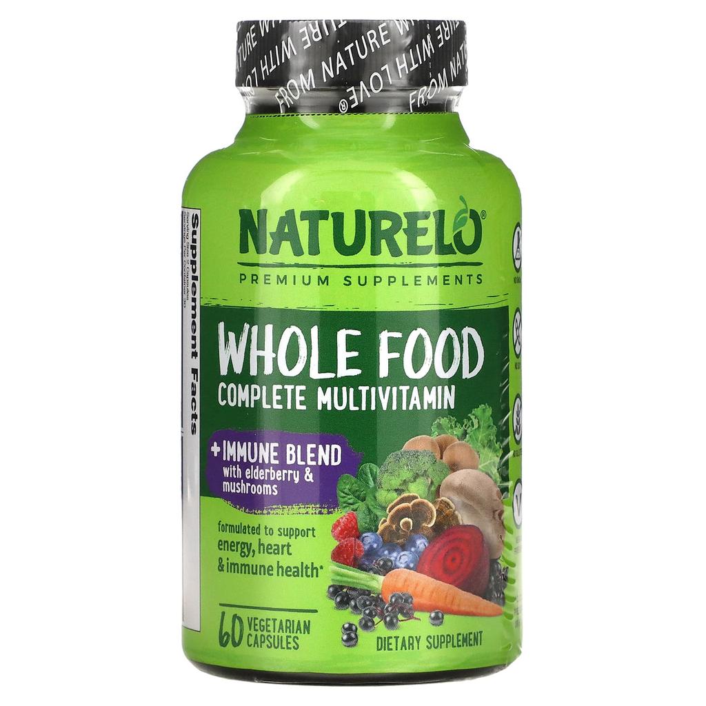 NATURELO Whole Foods Complete Multivitamin + Immunity Blend, 60 Veggie Capsules