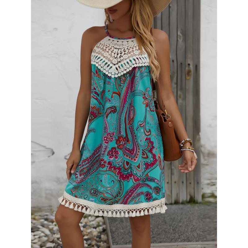 Summer Sleeveless Sweet Printed Lace Short Dress Elegant Fashion Loose Tassel A-line Party Holiday Dresses Tank Casual Simple Clothing