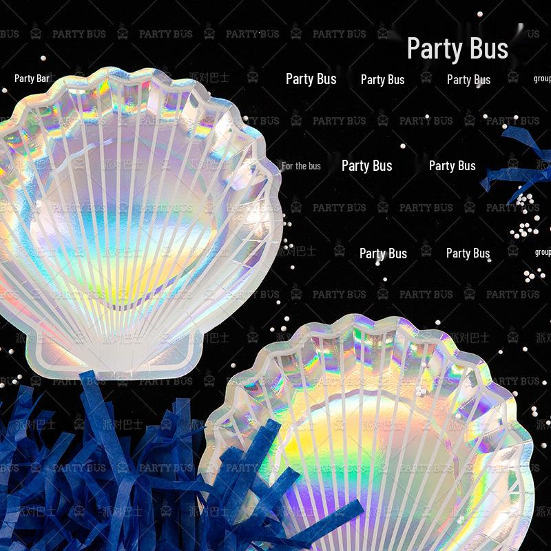 Irregular Shell Party Bus Kids' Disposable Tableware Set: Paper Plates & Cups for Celebrations