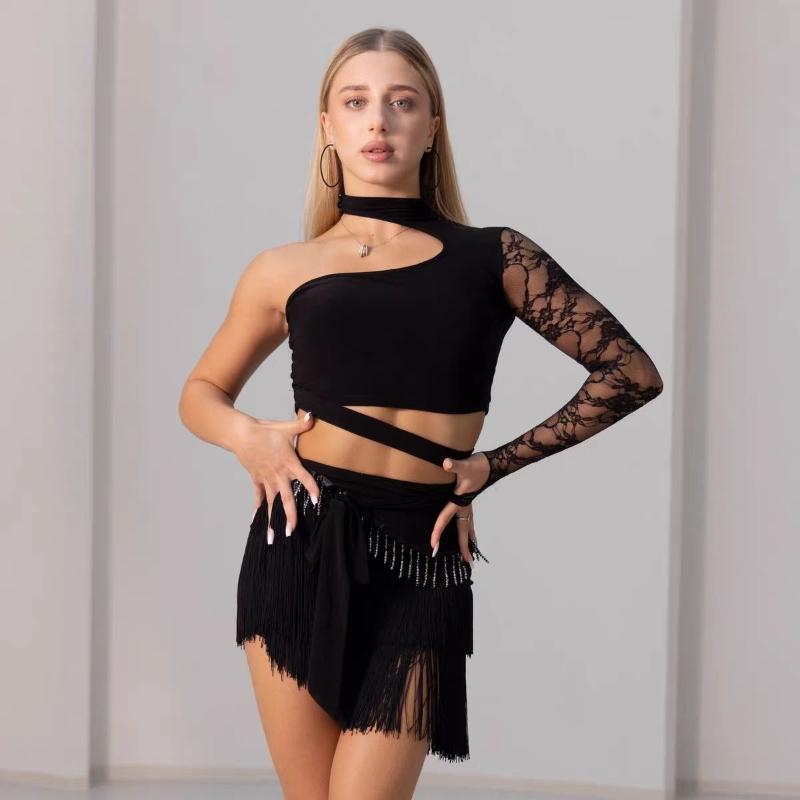 Abito da Danza Latina in Pizzo per Donne Nero Top a Manica Singola Set Gonna con Frange Costume per Allenamento Cha Cha Danza Samba Rumba Performance