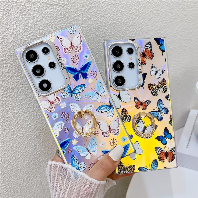 Fashion Ring Holder Butterfly Raser Electroplated Phone Case for Samsung S24 S23 FE S22 Ultra A55 A35 A25 A15 A54 A14 A34