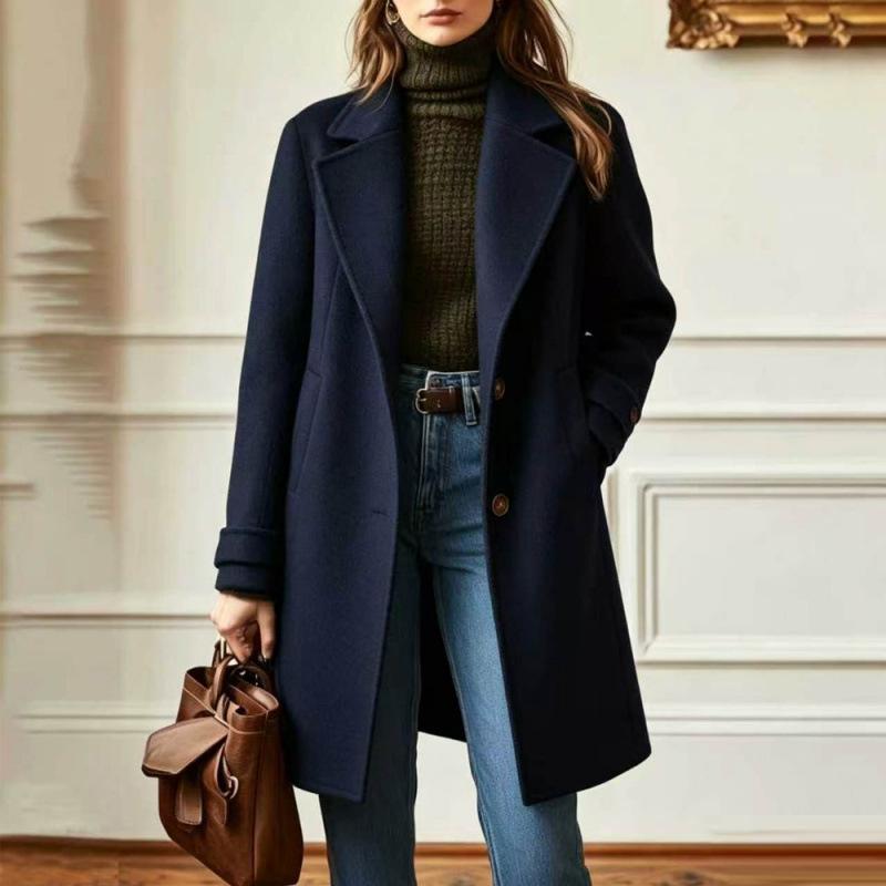 Women's Retro Casual Mid-Length Wool Coat with Lapel Collar for Winter Everyday Wear