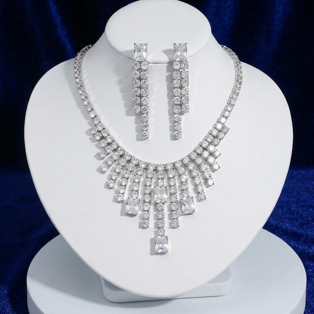 Trendy Zircon Earrings & Necklace Set: White Tassel Jewelry with Fashionable Temperament