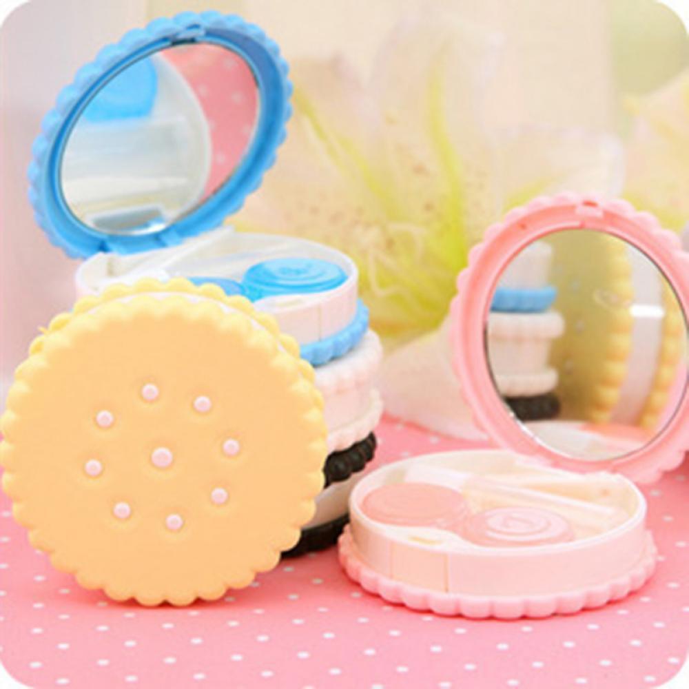 Cute Cookie Shaped Contact Lens Case with Mirror Portable Travel Container Kit Mini Storage Box with Tweezers Bottle Stick