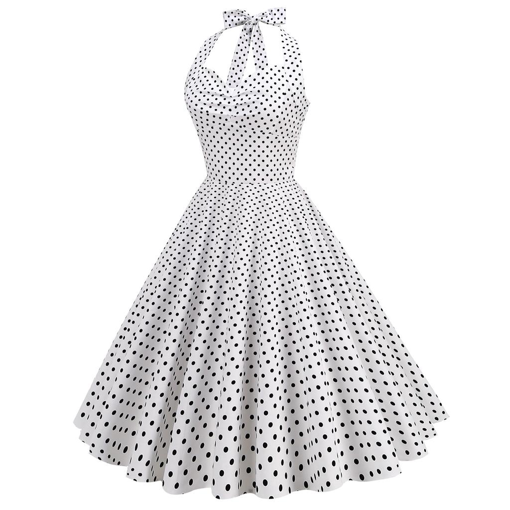 Women’s Polka-dot Halter-neck, Open-back, Tie-front, Slimming, Figure-hugging, Cinched-waist, Full-skirted Dress