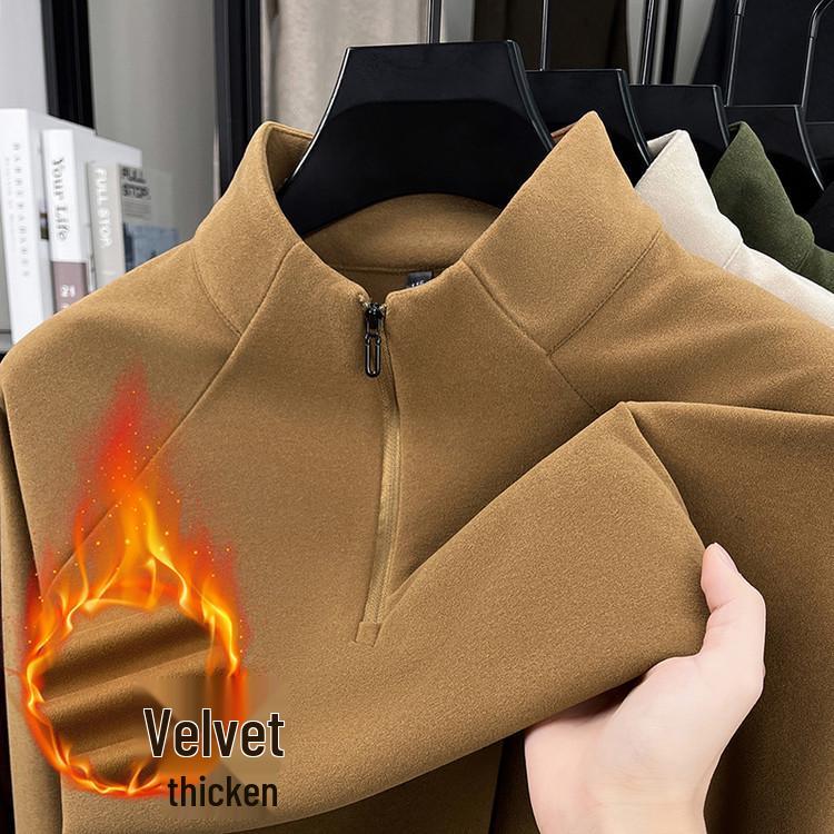 Men's Heavyweight Fleece-Lined Hoodie with Stand Collar, Half-Zip, and Thick Fabric; Solid Color Autumn/Winter Style.