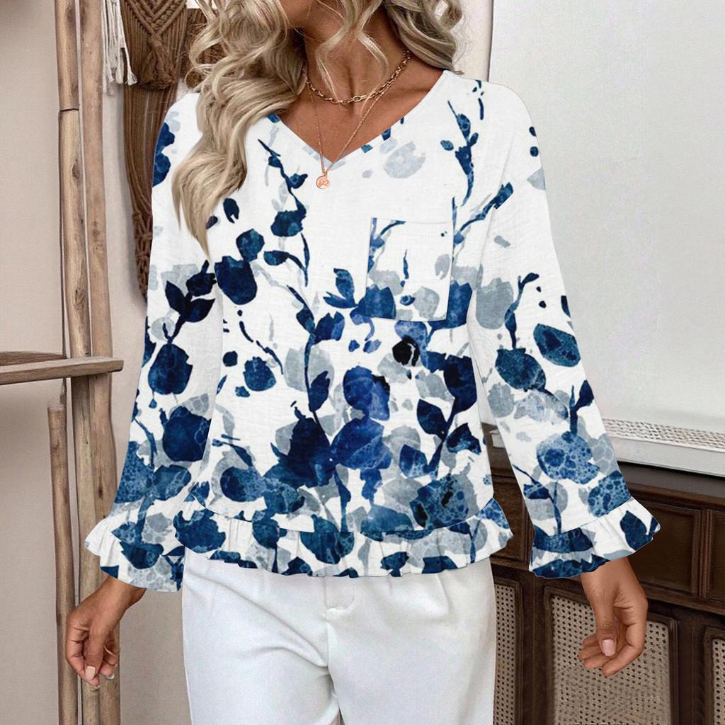 Women's Casual Fashion Ruffle V-Neck Pocket Print Long Sleeve Top