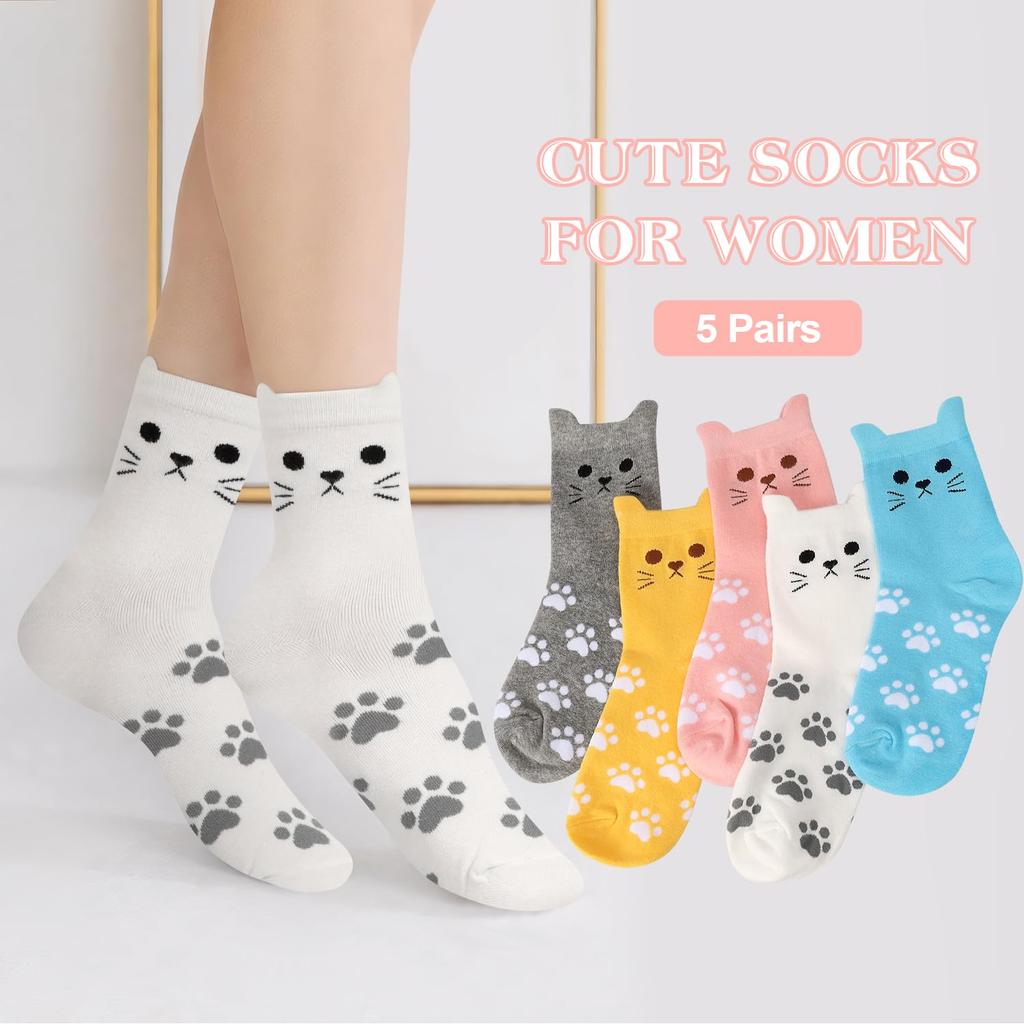 Cute Cat Socks for Women of 5 Cotton Cat Socks Interesting Christmas Birthday Gift for Women Small Gift That Will Please Women Popular Warm Cat Goods