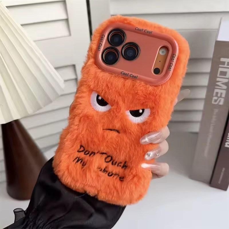 Cartoon Angry Face Expression Fluffy Plush Phone Case For iPhone17 Air 11 12 14 13 15 16 Pro Max Plus Lens Bracket Shockproof Cover