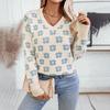 Pullover Print Vintage Long Sleeve Sweater Knitwear Loose V-Neck Top for Autumn Winter