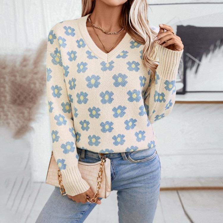 Pullover Print Vintage Long Sleeve Sweater Knitwear Loose V-Neck Top for Autumn Winter