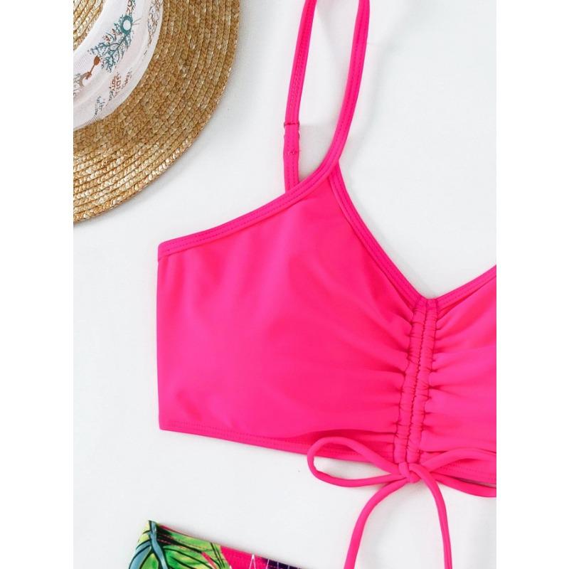 Women's Neon Green Tropical Leaf Two Piece Swimsuit - High Waisted Drawstring Bikini Set