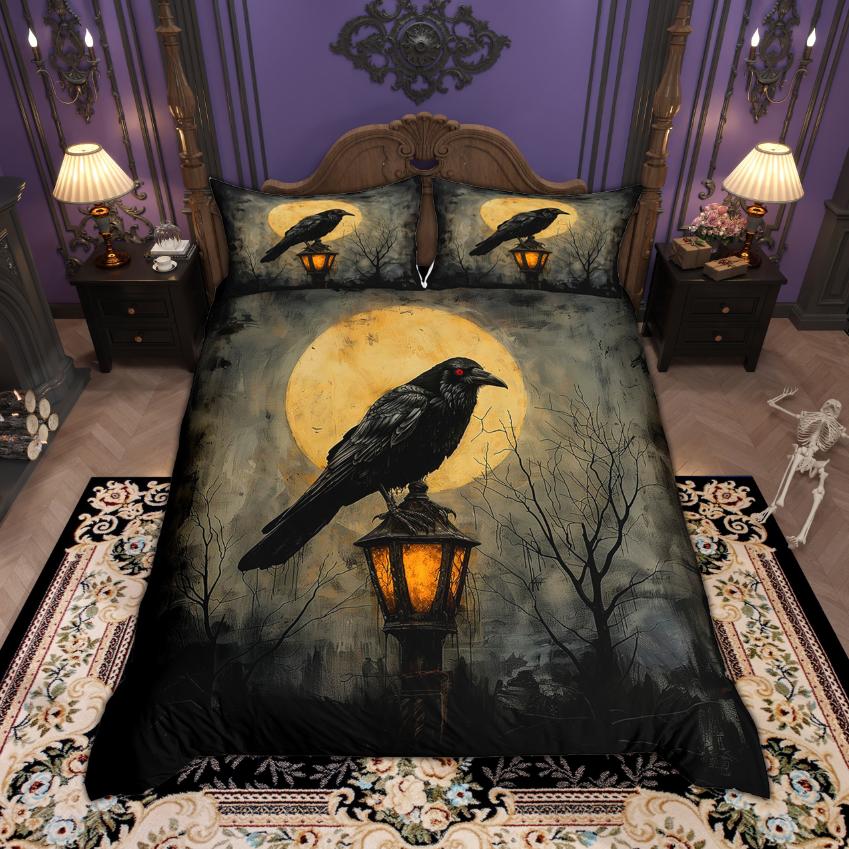 Homewish Happy Halloween Duvet Cover Set Retro Crow Bedding Set Botanical Plant Quilt Cover Set