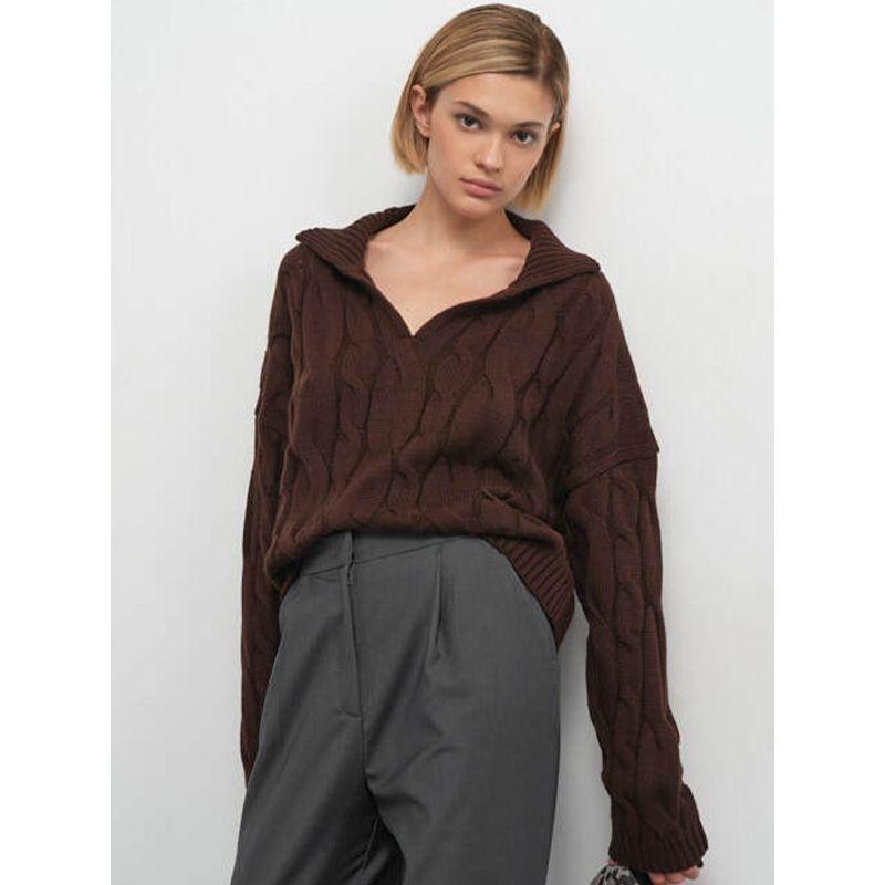 Loose Casual Sweater Beautiful Fall and Winter New Arrival Elegant European and American Women's Clothing Lapel Thickening Temperament Commute Sweater