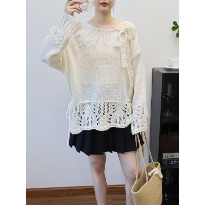 Gentle wind knitted sweater top early autumn new thin hollow sweet design sweater pullover woman
