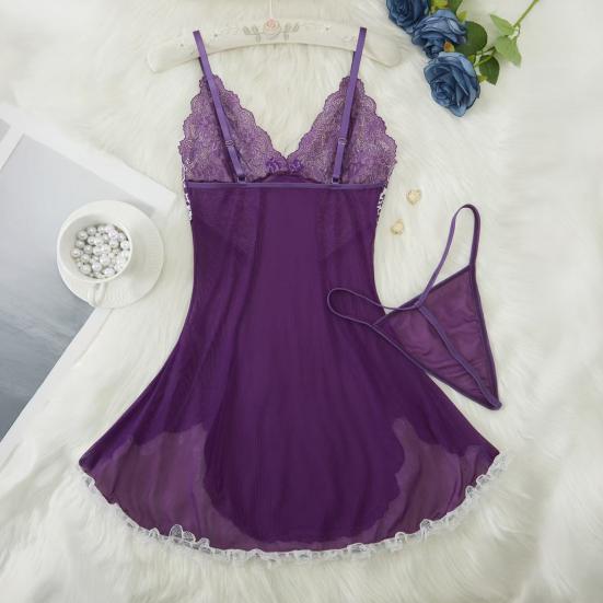 Plus Size Sexy Babydoll Nightdress for Women, V Neck Lace Sheer Mesh Nightgown, Spaghetti Strap Chemise Slip Dress with Thong