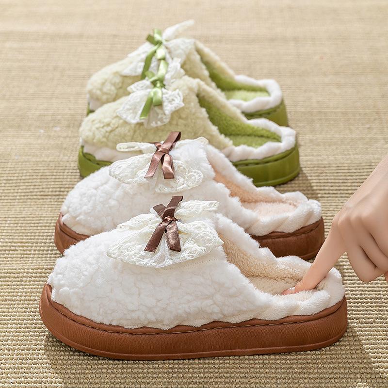 New bow cotton slippers autumn and winter indoor home soft sole non-slip warm plush platform shoes