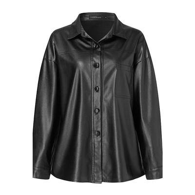 Frauen Herbst Langarm PU Leder Jacken Revers Oberbekleidung Casual Street Overshirts Mode Faux Leder Schwarz Tops