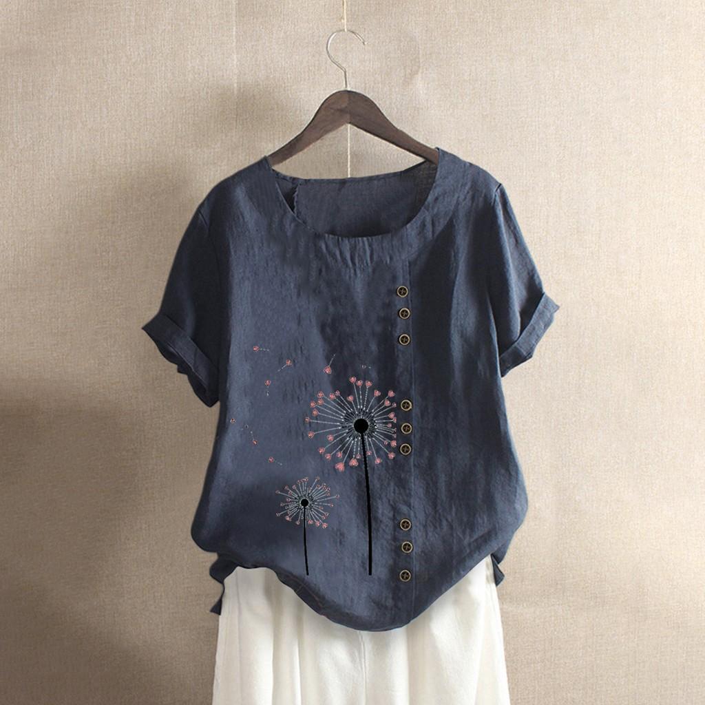 Women Buttons  Short Sleeve Floral Print Buttons Cotton Linen Vintage Top