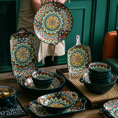 European Bohemian Ceramic Bowl Household Plate Instant Noodle Bowl Tableware Creative Personality Dish Set Dinner Plates