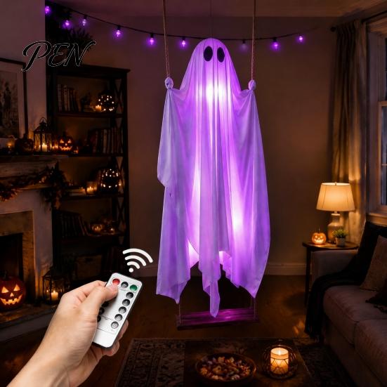 Halloween Partyartikel für Erwachsene Hängende Geisterschaukel Dekoration mit Fernbedienung & LED-Lichterkette, Wasserdichte Gruselige Beleuchtete Veranda Dekoration