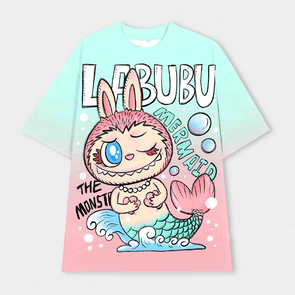 LABUBU мультфильм аниме пара универсальная футболка с короткими рукавами повседневная хип-хоп уличная спортивная быстрая езда унисекс футболка топ XS зелёный
