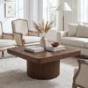 Mesa de Centro de Madeira 78cm com Base Cilíndrica Ranhurada, Tampo Espesso Quadrado Arredondado, Mesa Estilo Moderno Rústico, Combinável em Uma ou Duas Peças, Nogueira