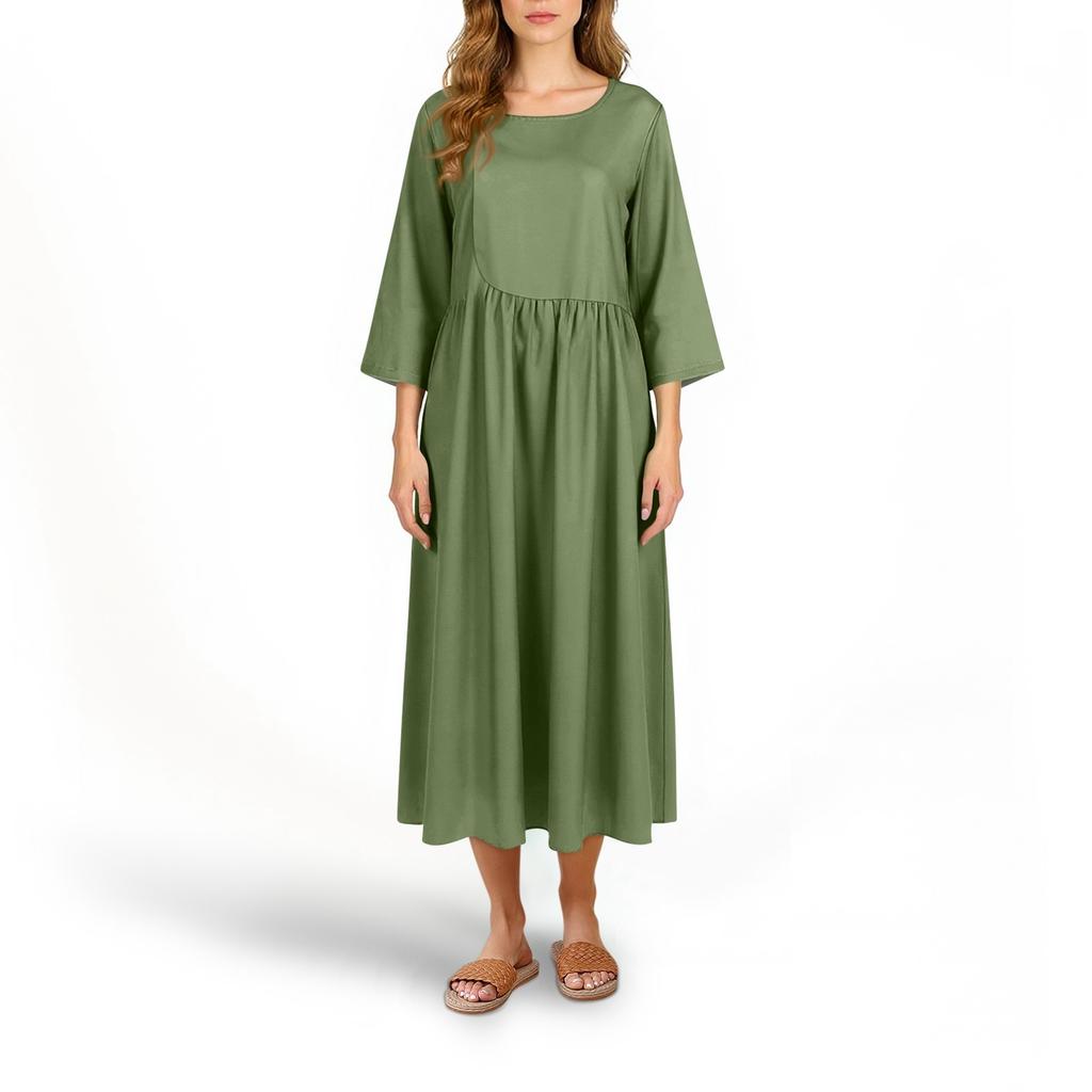 Damska Modna Sukienka o Luźnym Kroju z Okrągłym Dekoltem i Rękawem Siedem Ósmych w Jednolitym Kolorze