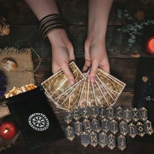 Rune Card Set - Wooden Rune Stone Set | Wood Rune Stone Card Set with 25 Rune Cards, Storage Bag, and Tablecloth for Divination and Meditation