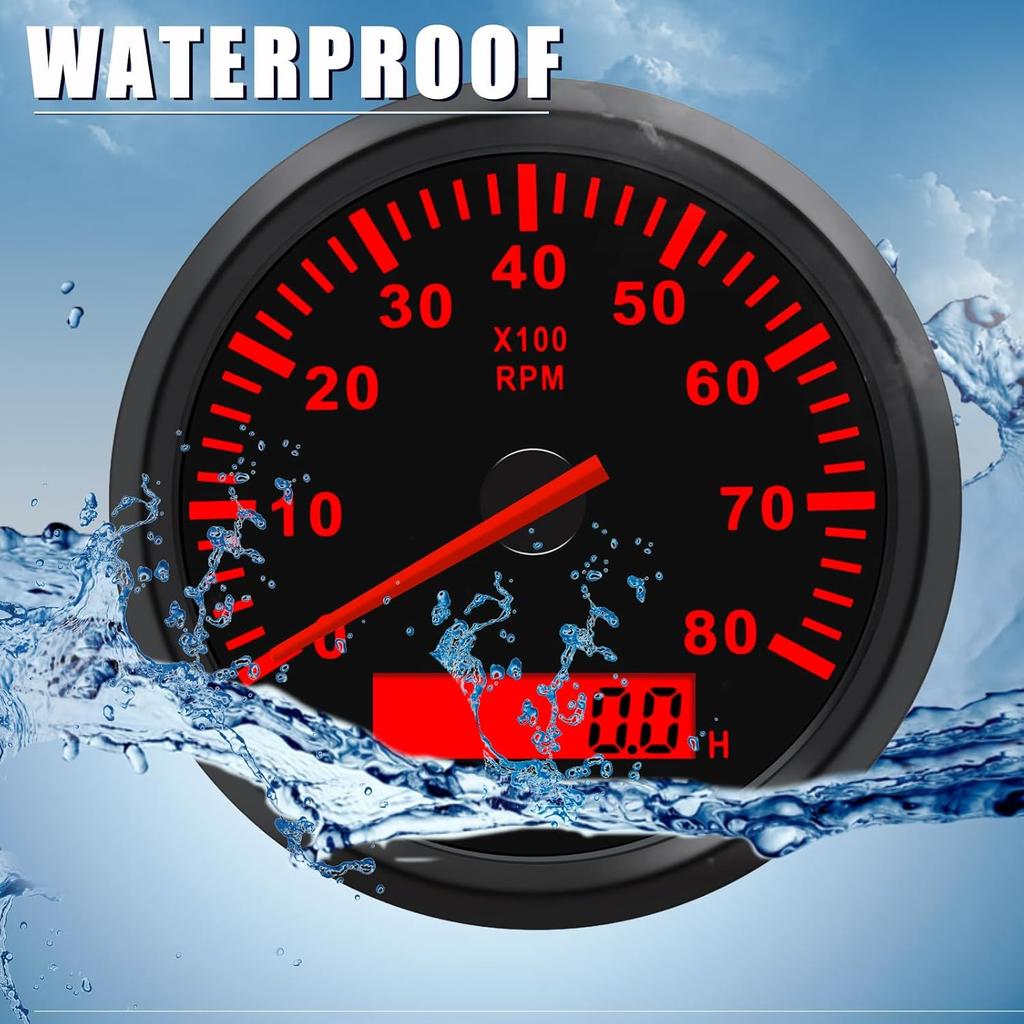 Geloo 85MM Boots Drehzahlmesser - Wasserdichter Außenbord-Drehzahlmesser 0-8000 U/min Tacho Meter für Auto LKW Marine Diesel Benzinmotor U/min Tacho Anzeige
