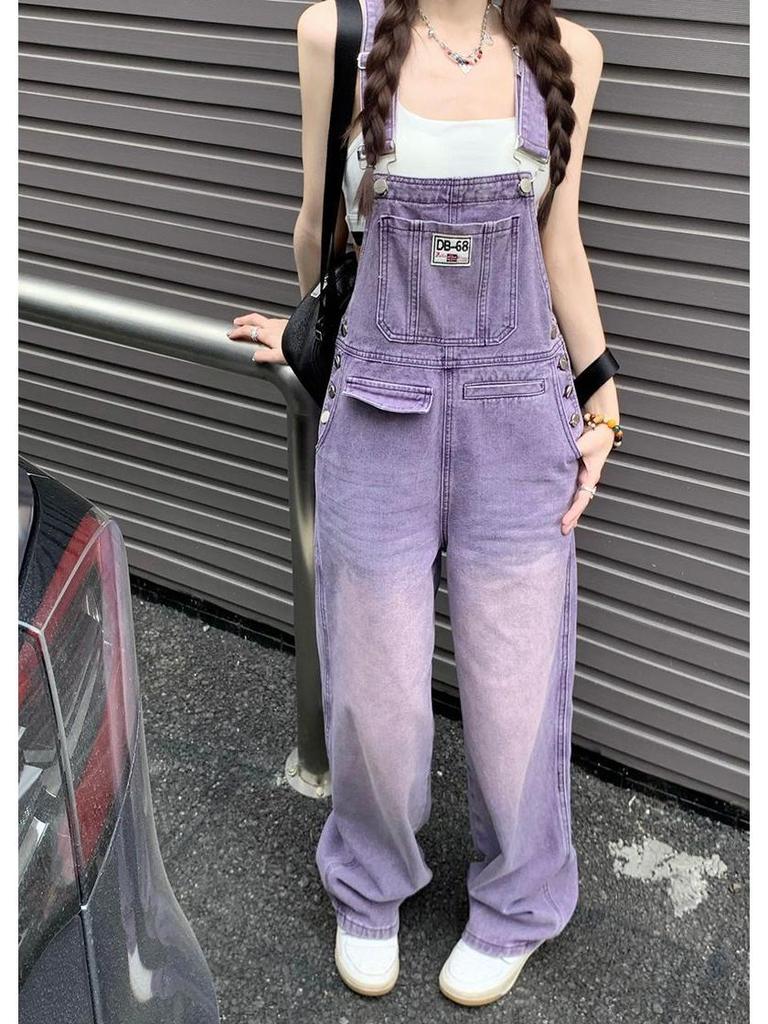 Women's Retro Purple High-Waist Denim Overalls - Slimming, Loose, Wide-Leg Jumpsuit for Spring & Summer