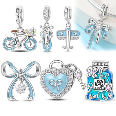 Authentic Stering Copper Blue Bow Perfume Heart Charm Dancing Shoes Bead Fit Original 3Mm Arm Bracelet Diy Women's Style Fine Jewelry Item