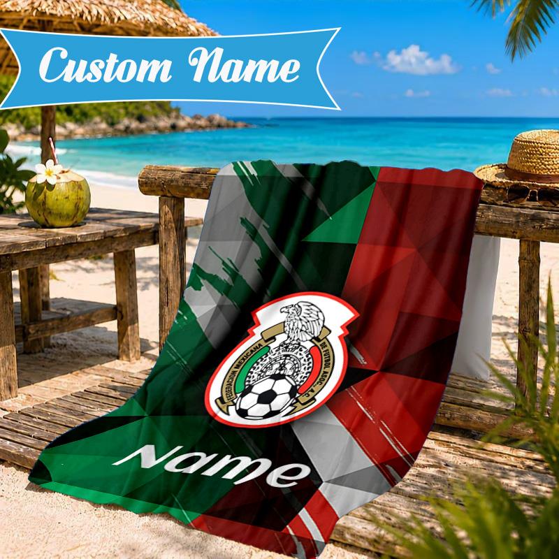 Custom Name Beach Towel Mexico Soccer Emblem Microfiber Beach Towel, Lightweight for Summer Travel, Swimming Pool Fan Birthday Gift