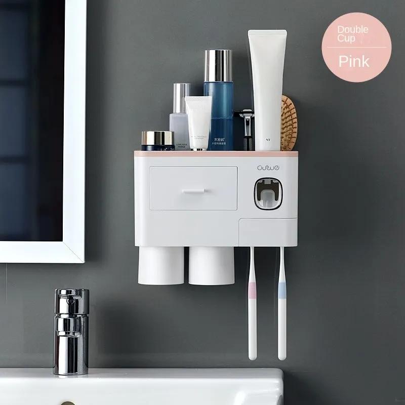 

Полка для хранения унитаза, зубная чашка, магнитная присоска, обратная пряжка, настенное устройство для выдавливания зубной пасты «два в одном», чашка для полоскания рта с магнитной присоской Two cups style розовый