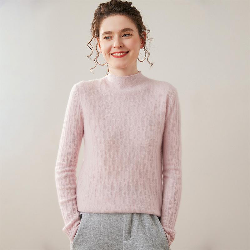 Women's Cable Knit Cashmere Sweater - 12-Gauge, Lychee Pattern, Half-High Neck, Fleece Lining, Twist Design, Wool Base Layer