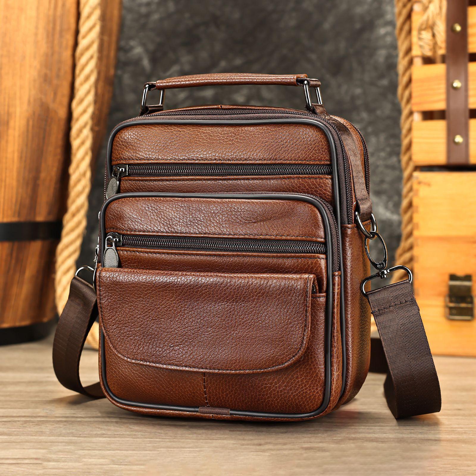 

Hot Selling Genuine Leather Men s Crossbody Bag for Casual Travel, Men s Bag with High-end Leather Feel, Small Shoulder Bag with Simple Design коричневий