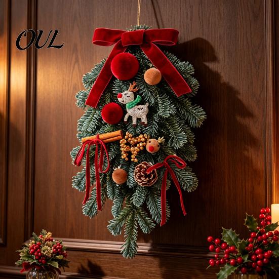 Handmade Wreath for Balcony Christmas Artificial Garland with Pinecones Cinnamon And Red Bows, Decorative Hanging Rustic Pinecone Pendants Winter