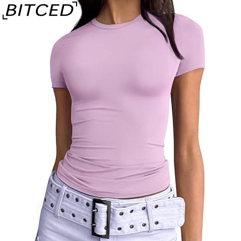 BITCED Damska koszulka z długim rękawem na lato: Stylowe topy z dekoltem O, dopasowane, do noszenia jako warstwa zewnętrzna