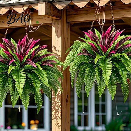 Spring Summer Seasonal Wreath Artificial Fern And Red Dracaena Plants, UV Resistant Decorative Faux Plant, Home Accents Realistic Plants for