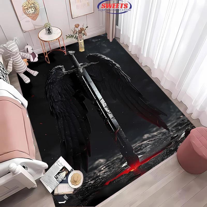 3D-tryckt matta med änglavingar, val för vardagsrum, sovrum, kontorsområde, barnrum, slitstark, halkfri, maskintvättbar matta