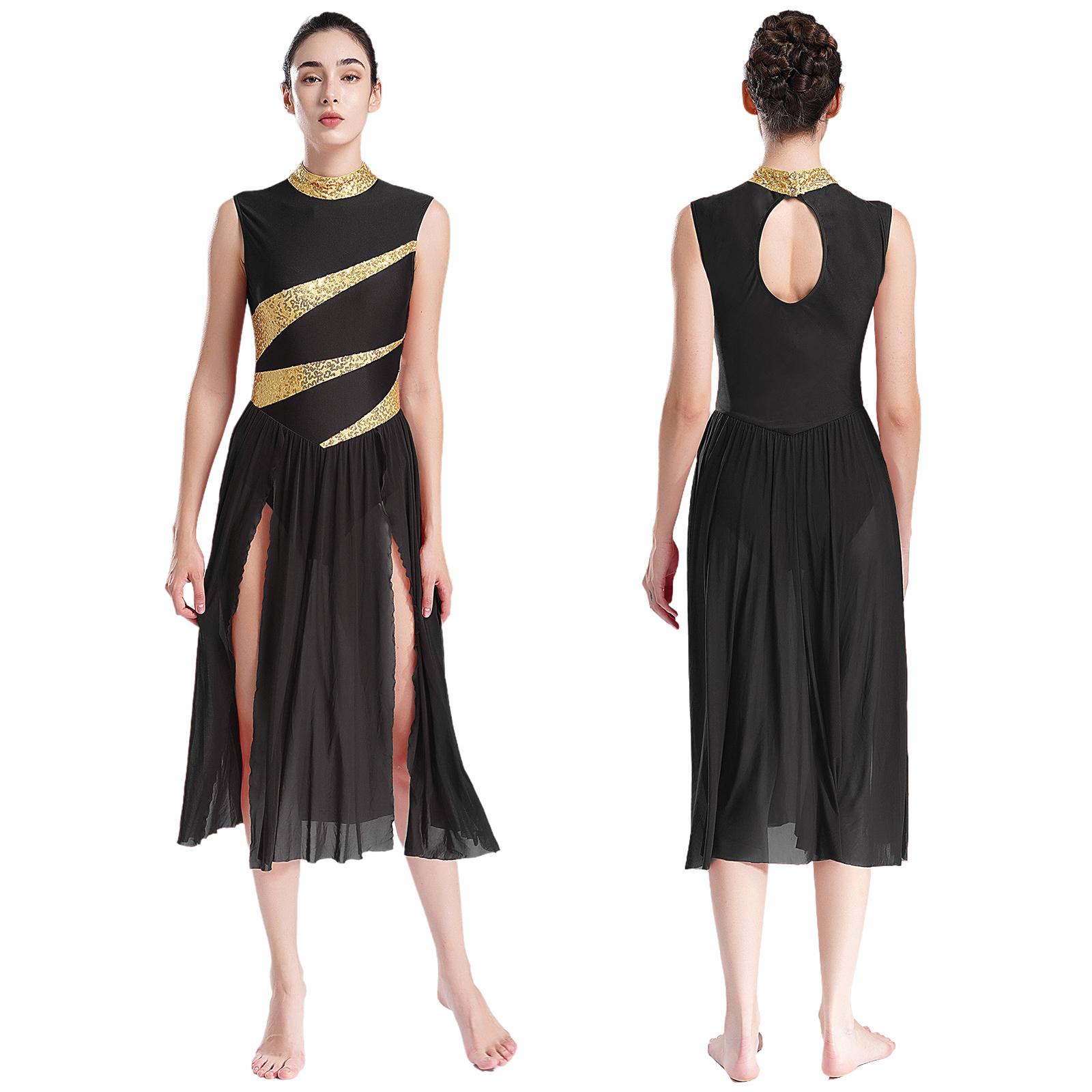 

Жіночий безрукавний виріз назад лірична похвала шифон зрощування танцювальний одяг сучасний танець сукня роздільна сукня виступ S чорний