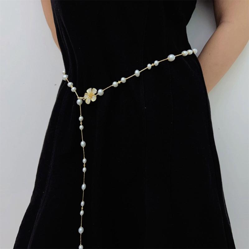 Adjustable Metallic Waist Belt Chain Necklace Adorned with Delicate Pearls for Dresses Evening Outfits or Casual Style