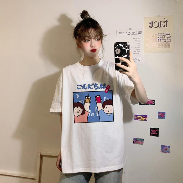 Japanese Kawaii Cartoon Letter Print White Short Sleeved T-shirts for Women 2025 Summer Casual Loose Women's T Shirt Harajuku Streetwear Tees Y2k Tops