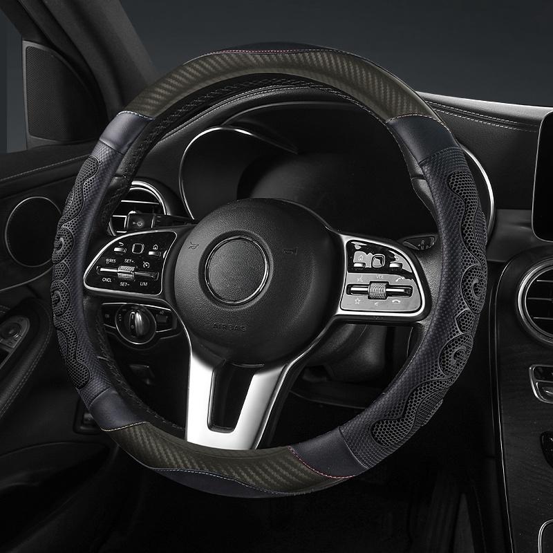 Universal Car Steering Wheel Cover - Carbon Fiber Leather with Breathable Honeycomb Silicone, Soft & Comfortable, All-Season Use