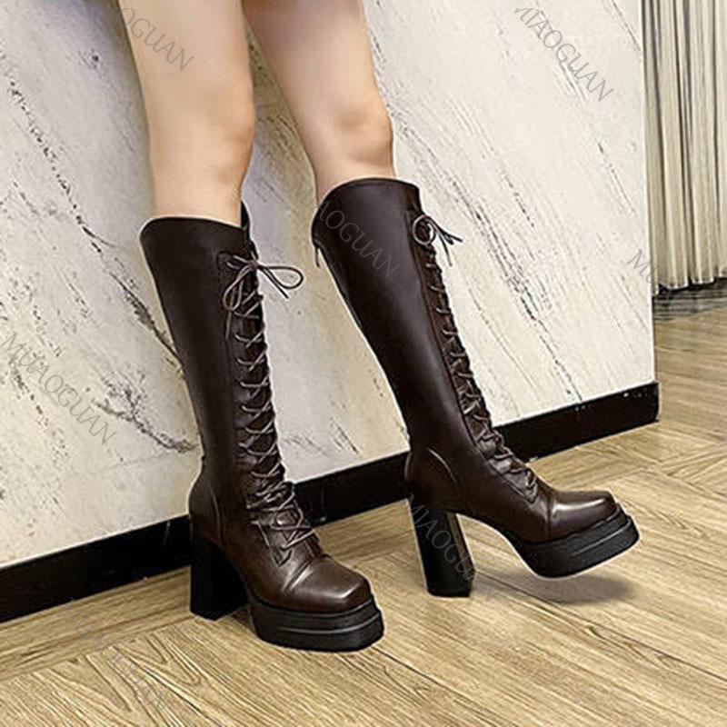 Fashion High Heeled Knee High Boots for Women Fashion Thick Bottom Autumn Winter Women Shoes Lace Up Square Toe Knight Long Botas Femmes