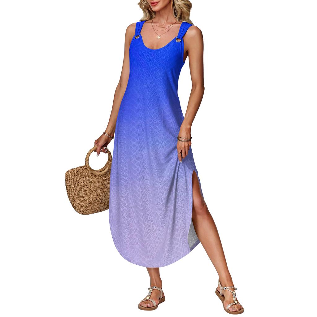 Women's summer long dress, sleeveless with side slits, long gradient vest dress