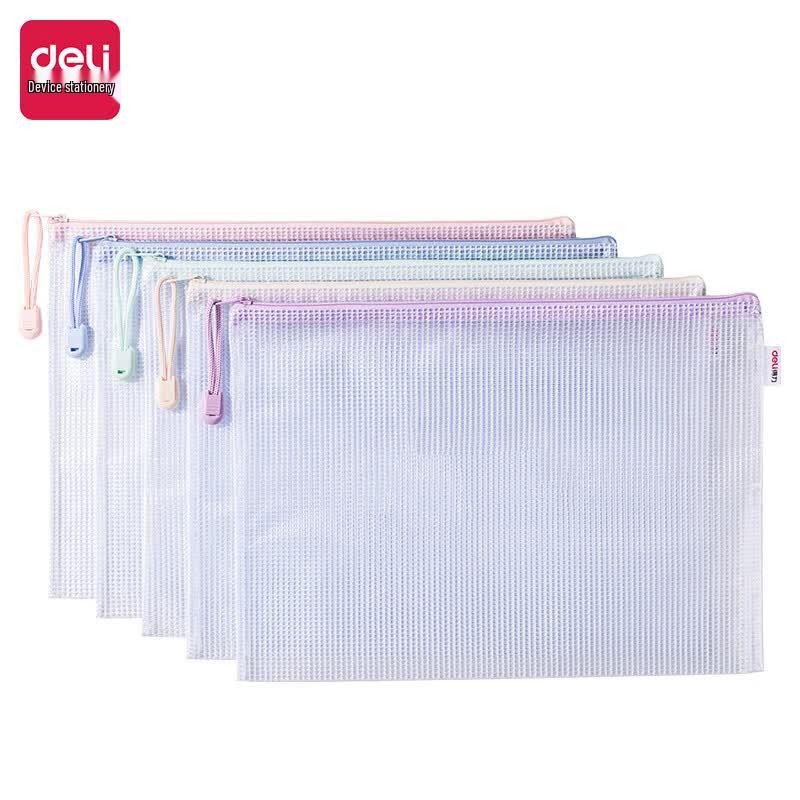 Deli A4 Waterproof Mesh Zipper Document Bags, 5-Pack (Macaron Colors)