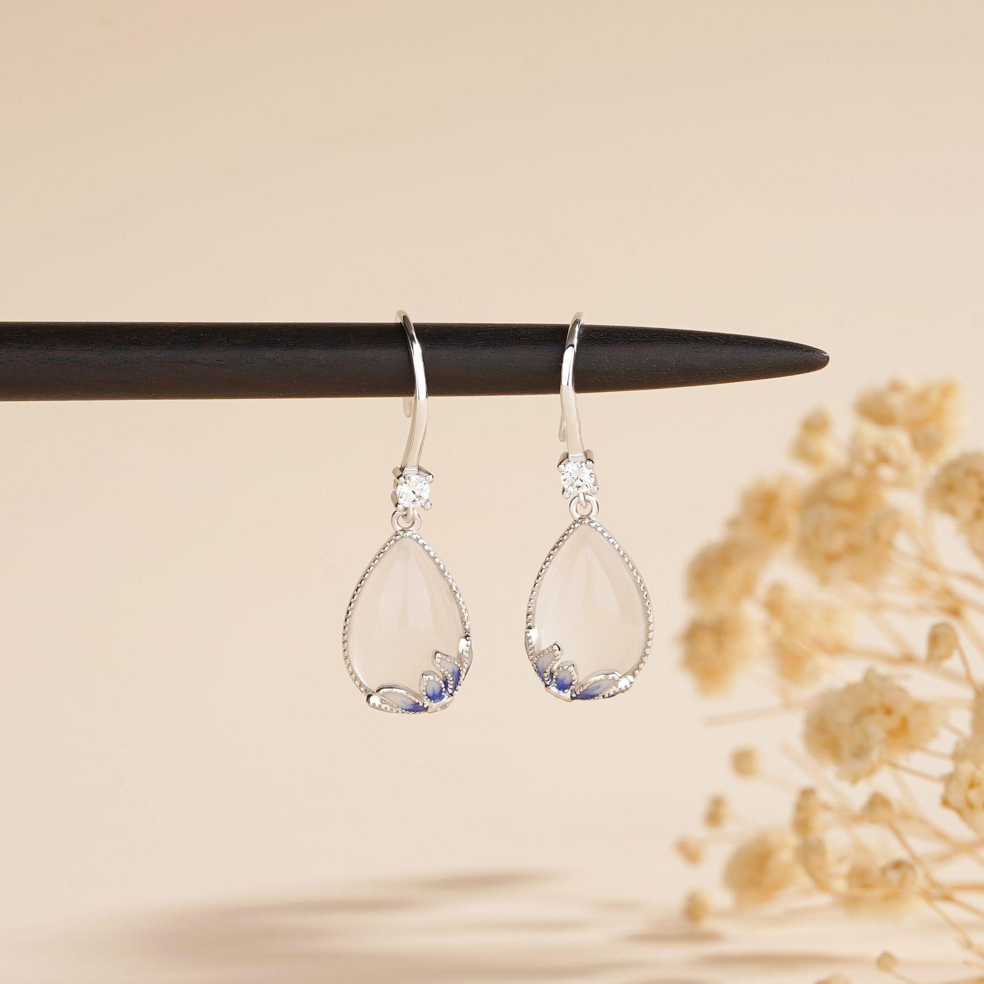 Tichiya Jade Lotus Dew S925 Sterling Silver Earrings - Chinese Style White Chalcedony Water Drop Design for Women. S925 Sterling Silver